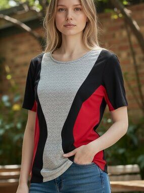 Red Black Grey Short Sleeves Top Size Small by Cleo Petite